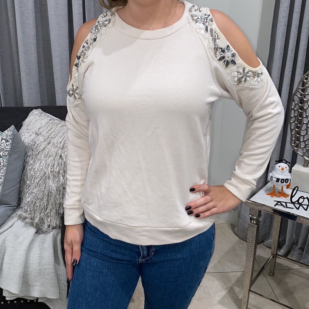 Romeo & Juliet Couture Cream Cold Shoulder Embellished jewels Sweatshirt